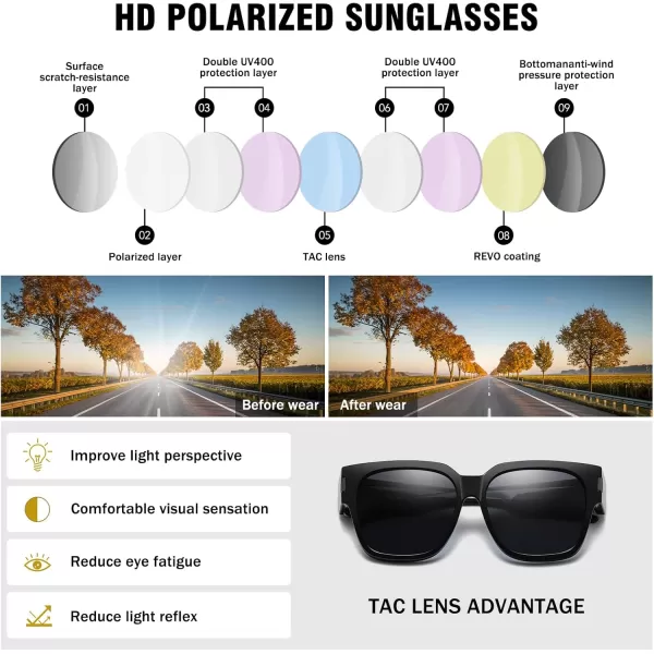 DUCO Fit Over Sunglasses Wraparound Sunglasses Polarized Over Glasses Sunglasses For Men Women UV Protection DC8970Black Frame Grey Lens