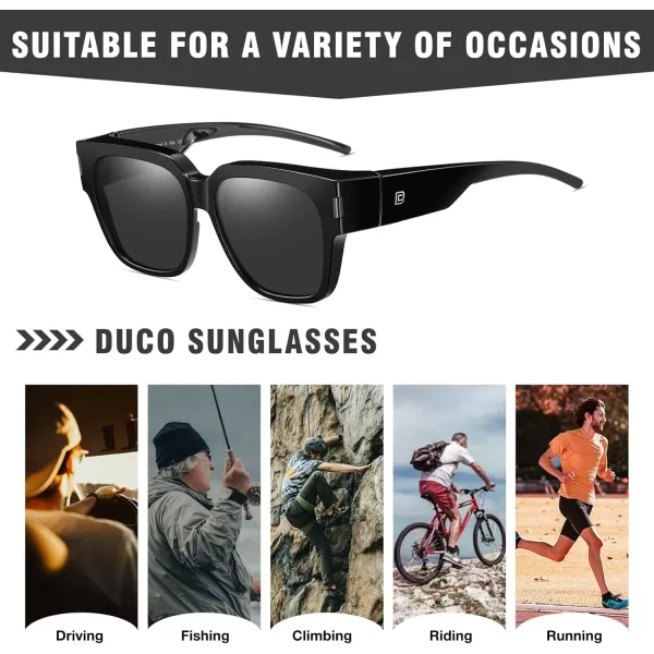 DUCO Fit Over Sunglasses Wraparound Sunglasses Polarized Over Glasses Sunglasses For Men Women UV Protection DC8970Black Frame Grey Lens