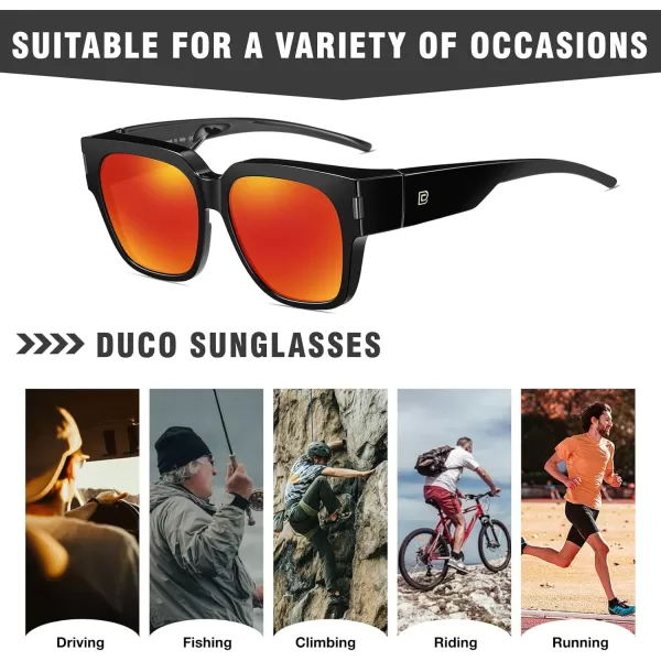 DUCO Fit Over Sunglasses Wraparound Sunglasses Polarized Over Glasses Sunglasses For Men Women UV Protection DC8970Black Frame Red Lens