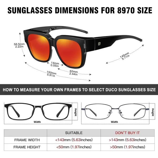 DUCO Fit Over Sunglasses Wraparound Sunglasses Polarized Over Glasses Sunglasses For Men Women UV Protection DC8970Black Frame Red Lens