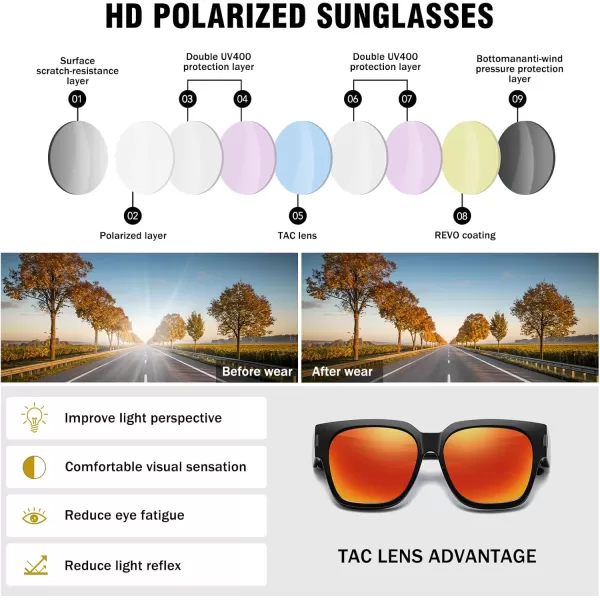 DUCO Fit Over Sunglasses Wraparound Sunglasses Polarized Over Glasses Sunglasses For Men Women UV Protection DC8970Black Frame Red Lens