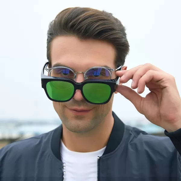 DUCO Fit Over Sunglasses Wraparound Sunglasses Polarized Over Glasses Sunglasses For Men Women UV Protection DC8970Black Frame Revo Green Lens