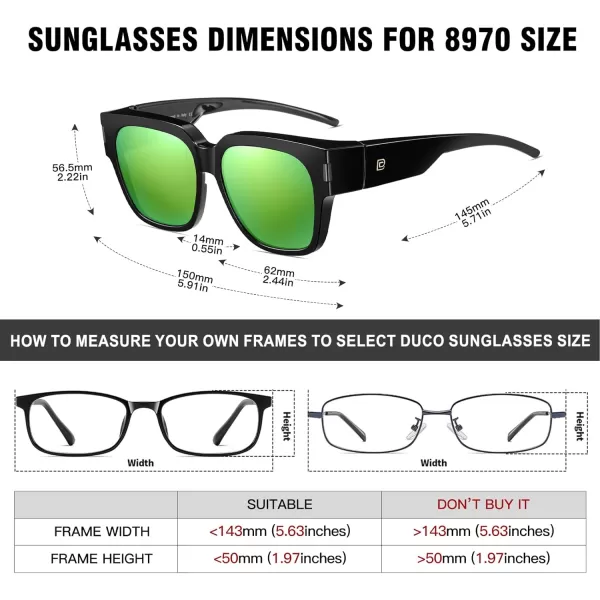 DUCO Fit Over Sunglasses Wraparound Sunglasses Polarized Over Glasses Sunglasses For Men Women UV Protection DC8970Black Frame Revo Green Lens