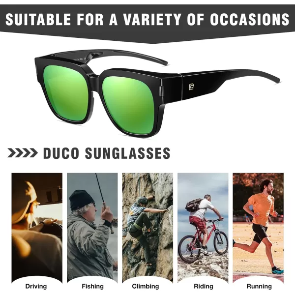 DUCO Fit Over Sunglasses Wraparound Sunglasses Polarized Over Glasses Sunglasses For Men Women UV Protection DC8970Black Frame Revo Green Lens