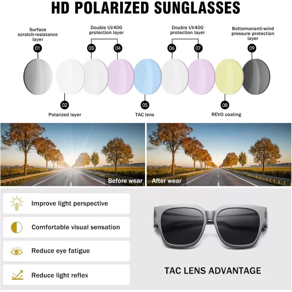 DUCO Fit Over Sunglasses Wraparound Sunglasses Polarized Over Glasses Sunglasses For Men Women UV Protection DC8970Gun Grey Frame Grey Lens