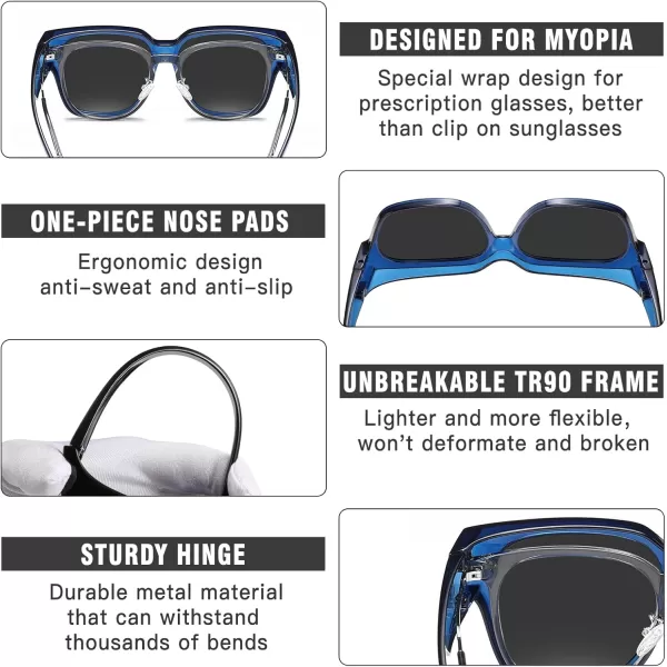 DUCO Fit Over Sunglasses Wraparound Sunglasses Polarized Over Glasses Sunglasses For Men Women UV Protection DC8970Transparent Blue Frame Grey Lens