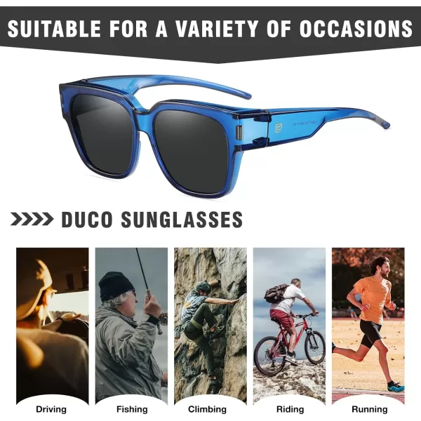 DUCO Fit Over Sunglasses Wraparound Sunglasses Polarized Over Glasses Sunglasses For Men Women UV Protection DC8970Transparent Blue Frame Grey Lens
