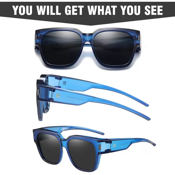 DUCO Fit Over Sunglasses Wraparound Sunglasses Polarized Over Glasses Sunglasses For Men Women UV Protection DC8970Transparent Blue Frame Grey Lens