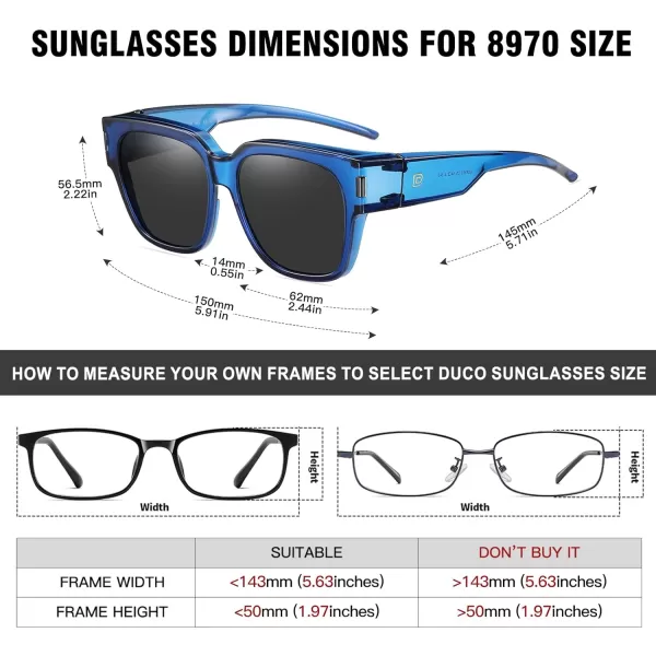 DUCO Fit Over Sunglasses Wraparound Sunglasses Polarized Over Glasses Sunglasses For Men Women UV Protection DC8970Transparent Blue Frame Grey Lens