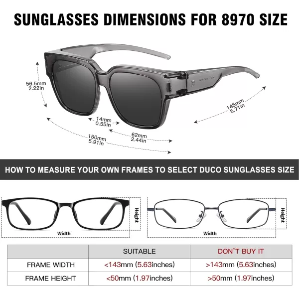 DUCO Fit Over Sunglasses Wraparound Sunglasses Polarized Over Glasses Sunglasses For Men Women UV Protection DC8970Transparent Grey