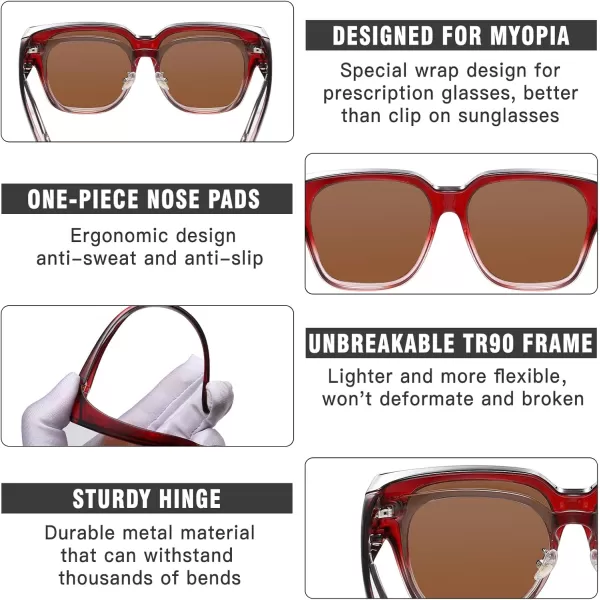 DUCO Fit Over Sunglasses Wraparound Sunglasses Polarized Over Glasses Sunglasses For Men Women UV Protection DC8970Wine Frame Brown Lens