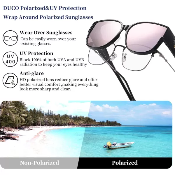 DUCO Fit Over Sunglasses for Men Women Wear Over Glasses Retro Wrap Around Polarized Sun Glasses UV400 ProtectionAblack Frame Revo Pink Lens