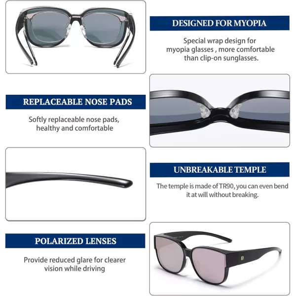 DUCO Fit Over Sunglasses for Men Women Wear Over Glasses Retro Wrap Around Polarized Sun Glasses UV400 ProtectionAblack Frame Revo Pink Lens