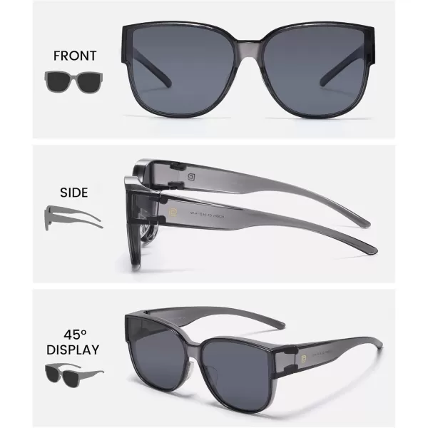 DUCO Fit Over Sunglasses for Men Women Wear Over Glasses Retro Wrap Around Polarized Sun Glasses UV400 ProtectionAtransparent Grey Frame Grey Lens