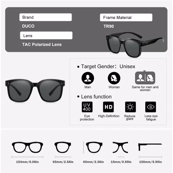 DUCO Fit Over Sunglasses for Men Women Wear Over Glasses Retro Wrap Around Polarized Sun Glasses UV400 ProtectionBblack Frame Grey Lens