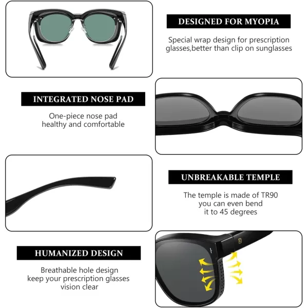DUCO Fit Over Sunglasses for Men Women Wear Over Glasses Retro Wrap Around Polarized Sun Glasses UV400 ProtectionBblack Frame Grey Lens