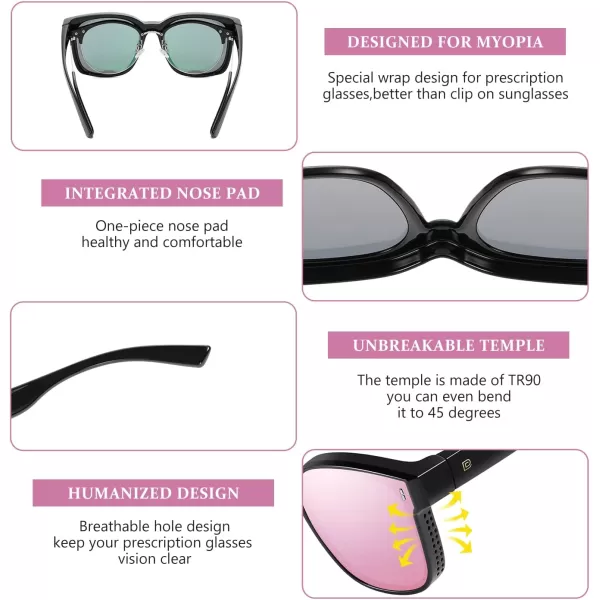 DUCO Fit Over Sunglasses for Men Women Wear Over Glasses Retro Wrap Around Polarized Sun Glasses UV400 ProtectionBblack Frame Revo Pink Lens