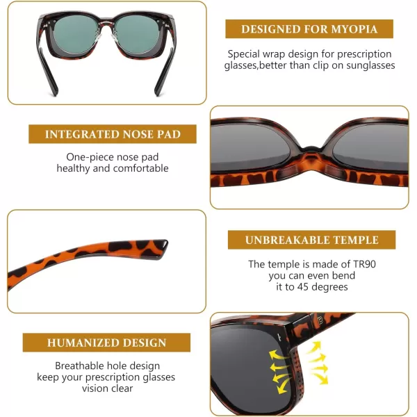 DUCO Fit Over Sunglasses for Men Women Wear Over Glasses Retro Wrap Around Polarized Sun Glasses UV400 ProtectionBtortoise Frame Grey Lens