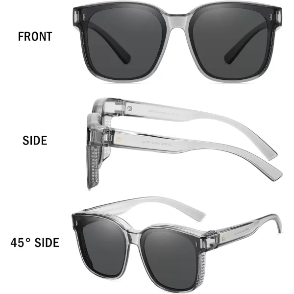 DUCO Fit Over Sunglasses for Men Women Wear Over Glasses Retro Wrap Around Polarized Sun Glasses UV400 ProtectionBtransparent Frame Grey Lens