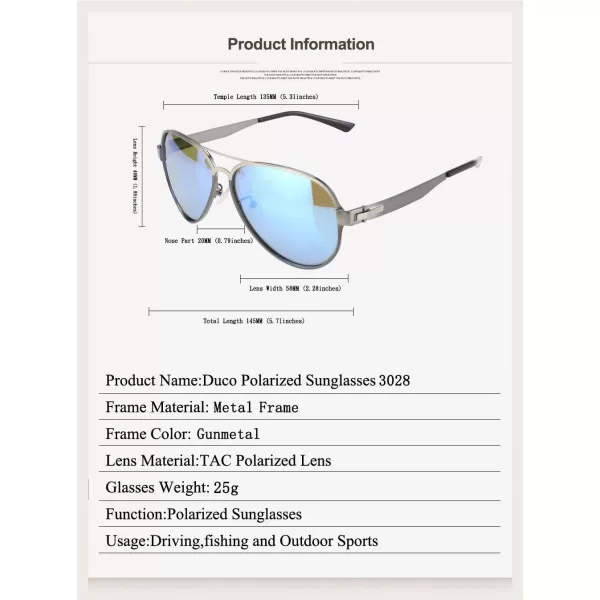 DUCO Premium Flexible Aviator Style Polarized Sunglasses 100 UV protection 3028