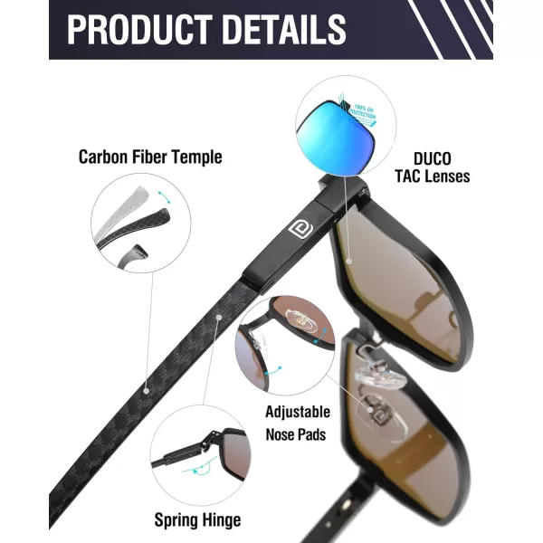 DUCO Retro Rectangular Polarized Sunglasses for Men Trendy Carbon Fiber ShadesBlack Frame Blue Lens