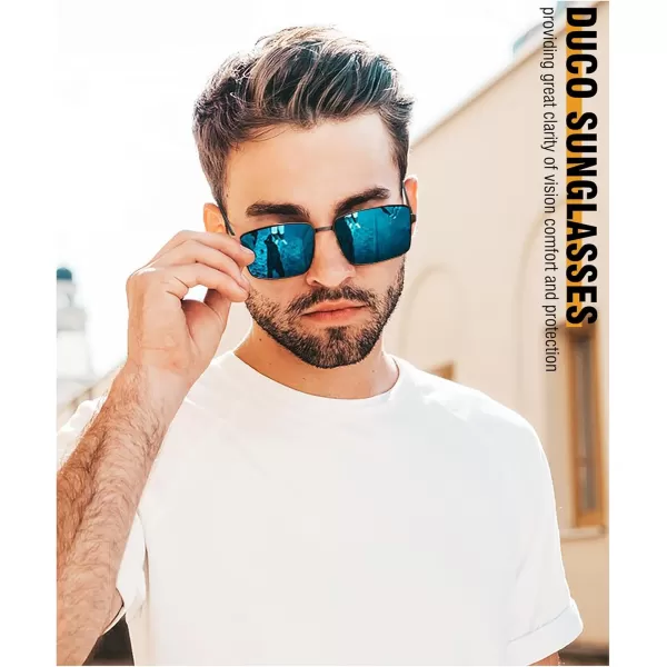 DUCO Retro Rectangular Polarized Sunglasses for Men Trendy Carbon Fiber ShadesBlack Frame Blue Lens