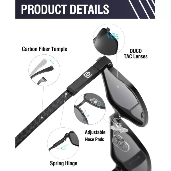 DUCO Retro Rectangular Polarized Sunglasses for Men Trendy Carbon Fiber ShadesBlack Frame Grey Lens