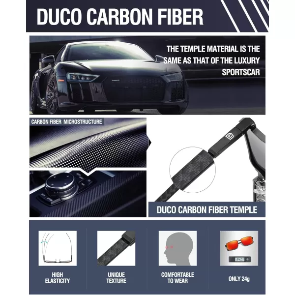 DUCO Retro Rectangular Polarized Sunglasses for Men Trendy Carbon Fiber ShadesBlack Frame Red Lens