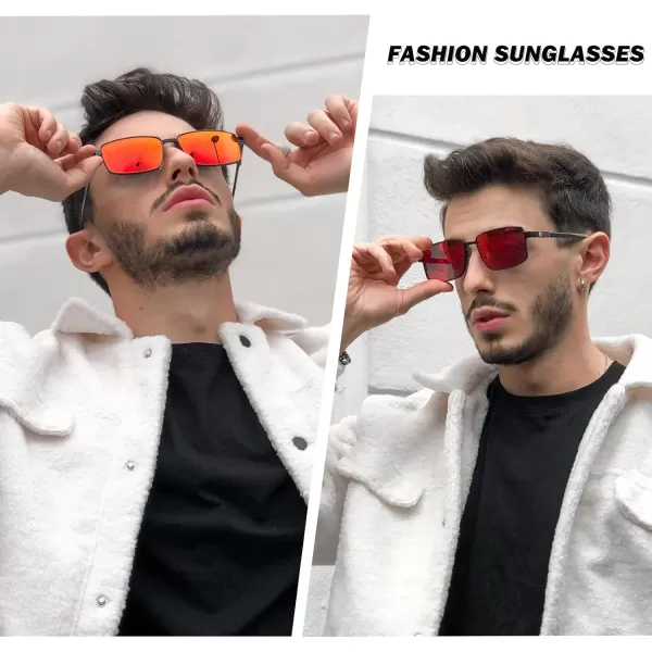 DUCO Retro Rectangular Polarized Sunglasses for Men Trendy Carbon Fiber ShadesBlack Frame Red Lens