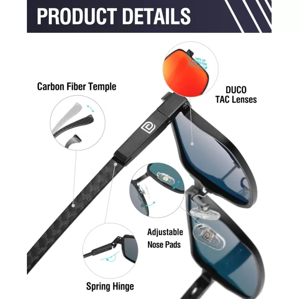 DUCO Retro Rectangular Polarized Sunglasses for Men Trendy Carbon Fiber ShadesBlack Frame Red Lens