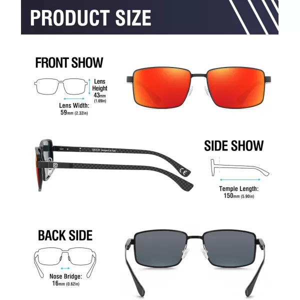 DUCO Retro Rectangular Polarized Sunglasses for Men Trendy Carbon Fiber ShadesBlack Frame Red Lens
