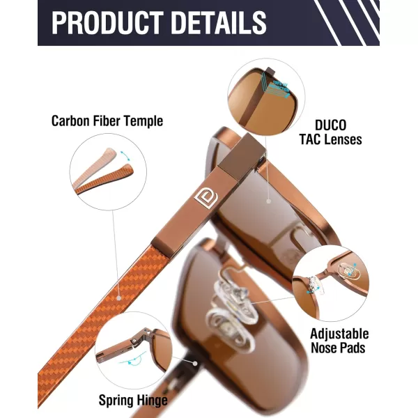 DUCO Retro Rectangular Polarized Sunglasses for Men Trendy Carbon Fiber ShadesBrown Frame Brown Temple Brown Lens