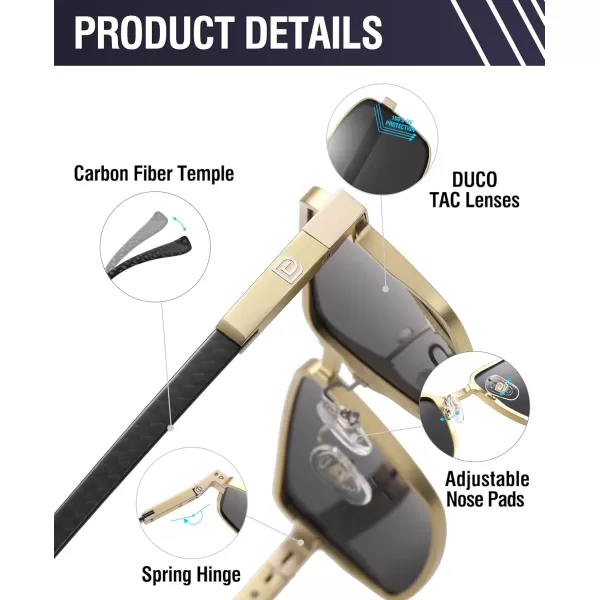 DUCO Retro Rectangular Polarized Sunglasses for Men Trendy Carbon Fiber ShadesGold Frame Black Temple Grey Lens