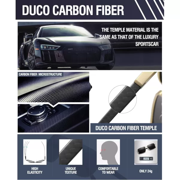 DUCO Retro Rectangular Polarized Sunglasses for Men Trendy Carbon Fiber ShadesGold Frame Black Temple Grey Lens