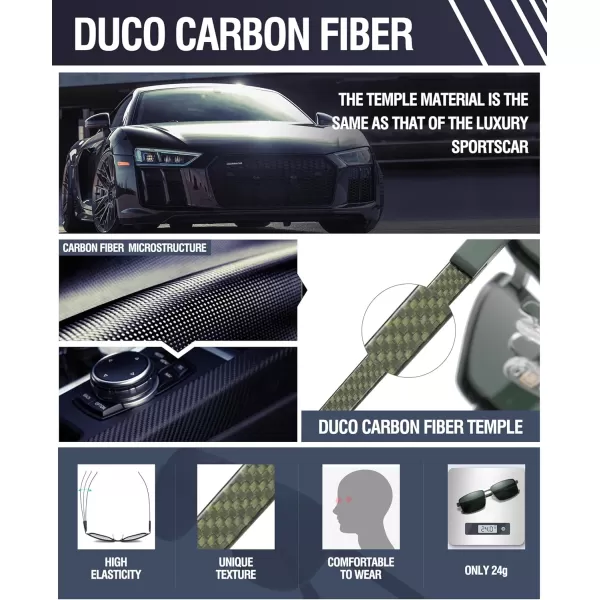 DUCO Retro Rectangular Polarized Sunglasses for Men Trendy Carbon Fiber ShadesGreen Frame Green Temple G15 Lens