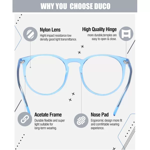 DUCO Retro Round Blue Light Glasses For Men Women Blue Ray Blocking Glasses Computer Gaming Glasses Nylon Lens Acetate Frame Brown 8301Transparent Blue