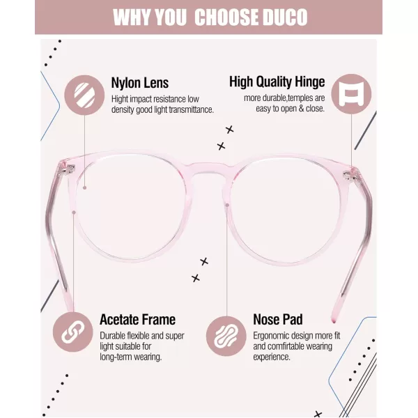 DUCO Retro Round Blue Light Glasses For Men Women Blue Ray Blocking Glasses Computer Gaming Glasses Nylon Lens Acetate Frame Brown 8301Transparent Pink