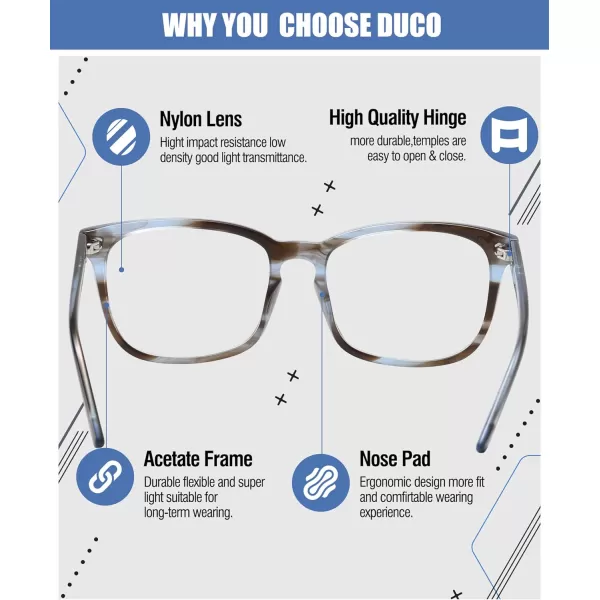 DUCO Retro Square Blue Light Glasses For Men Blue Ray Blocking Glasses Computer Gaming Glasses Nylon Lens Acetate Frame Black 8302Blue