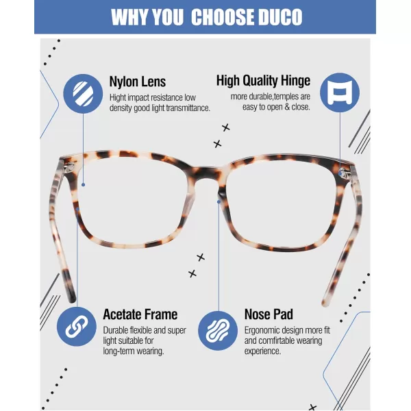 DUCO Retro Square Blue Light Glasses For Men Blue Ray Blocking Glasses Computer Gaming Glasses Nylon Lens Acetate Frame Black 8302Grey Tortoise