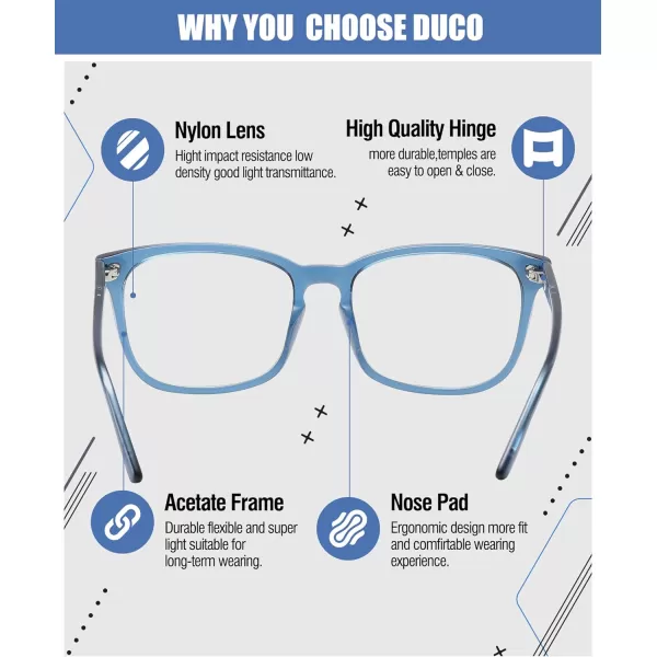 DUCO Retro Square Blue Light Glasses For Men Blue Ray Blocking Glasses Computer Gaming Glasses Nylon Lens Acetate Frame Black 8302Transparent Blue