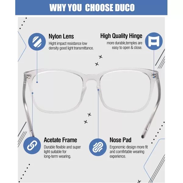DUCO Retro Square Blue Light Glasses For Men Blue Ray Blocking Glasses Computer Gaming Glasses Nylon Lens Acetate Frame Black 8302Transparent Grey