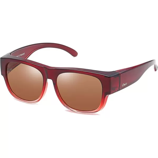 DUCO Fit Over Glasses Unisex Wraparound Polarized Sunglasses for Men Women Anti Glare Wear Over Glasses 8956Plus Wine Red Frame Brown Lens
