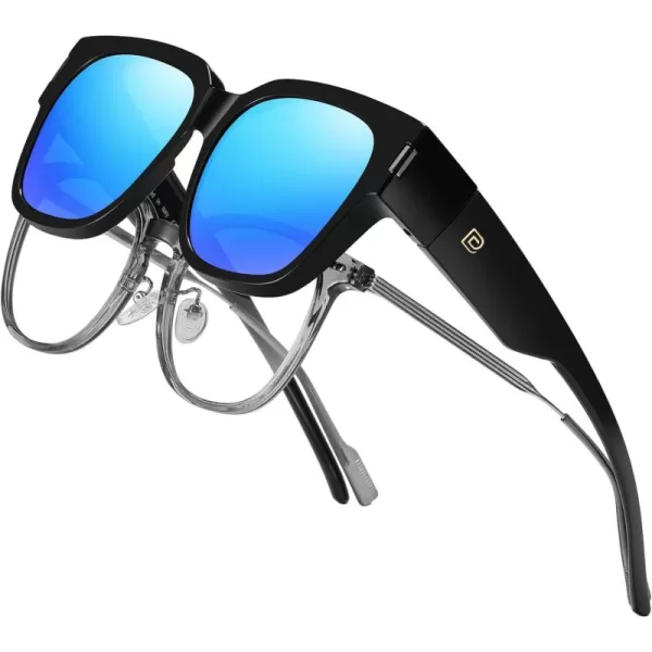 DUCO Fit Over Sunglasses Wraparound Sunglasses Polarized Over Glasses Sunglasses For Men Women UV Protection DC8970Black Frame Blue Lens