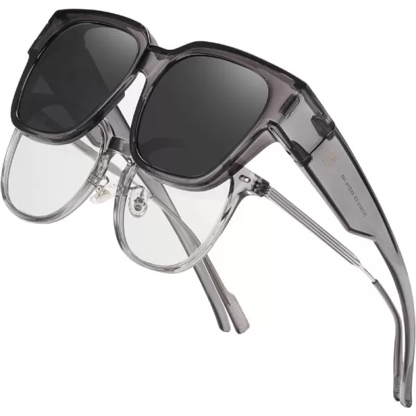 DUCO Fit Over Sunglasses Wraparound Sunglasses Polarized Over Glasses Sunglasses For Men Women UV Protection DC8970Transparent Grey