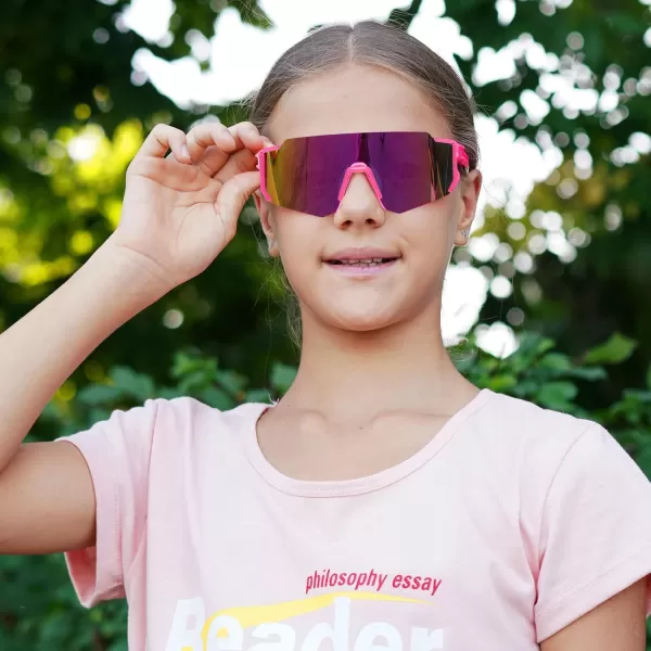 DUCO Polarized Kids Sunglasses Youth Sports Cycling Shades Lightweight Frame UV400 Child Boys Girls Baseball SunGlasses DK310Rose Purple Dot Black Temple Revo Pink Lens