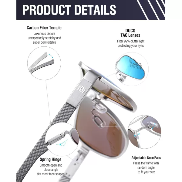 DUCO Aviator Sunglasses For Men Polarized Sunglasses Men UV Protection Carbon Fiber Temple Mens Sun glasses For Driving 3051Silver Frame Revo Blue Lens