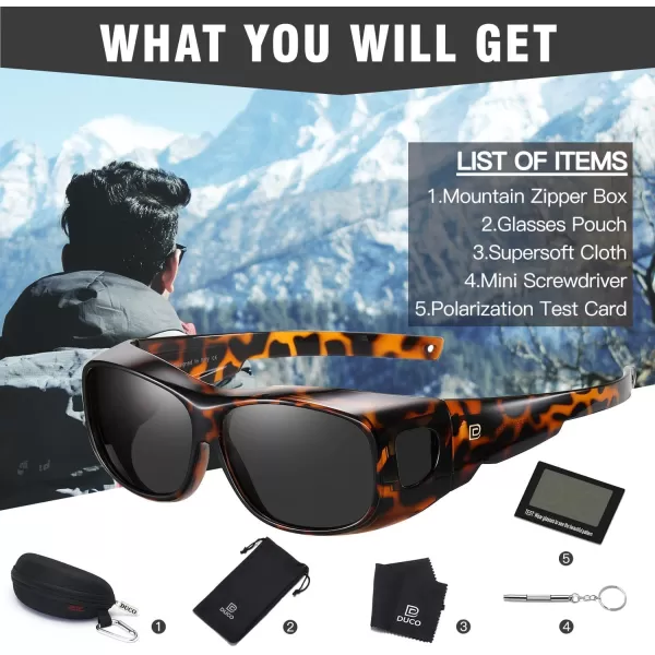 DUCO Fit Over Sunglasses Wraparound Sunglasses for Men Women Polarized Wear Over Sun Glasses UV Protection DC8965Brown Tortoiseshell Frame Grey Lens