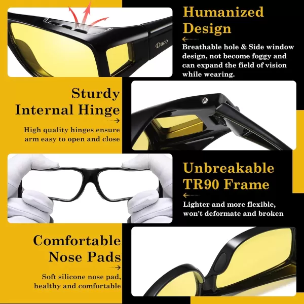 DUCO Night Vision Glasses for Driving at Dusk Rainy Day Anti Glare Fit Over Wrap Around Eyewear Glasses UV400 Polarized 8953YBlack Size L