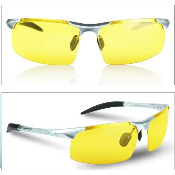 DUCO Nightvision Glasses Polarized Night Driving Mens Shooting GlassesSilver Frame Yellow Lens