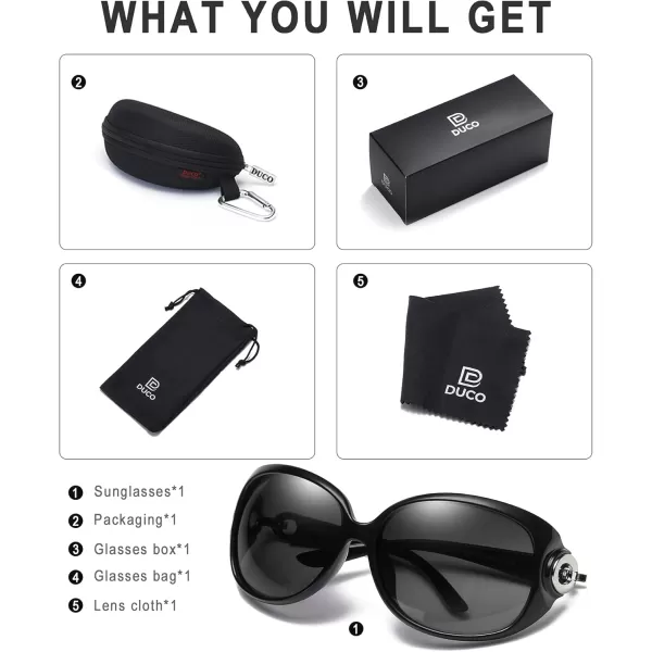 DUCO Oversized Polarized Sunglasses for Women Retro Trendy Frame Vintage Ladies Shades UV Protection 1220Black Frame Gray Lens